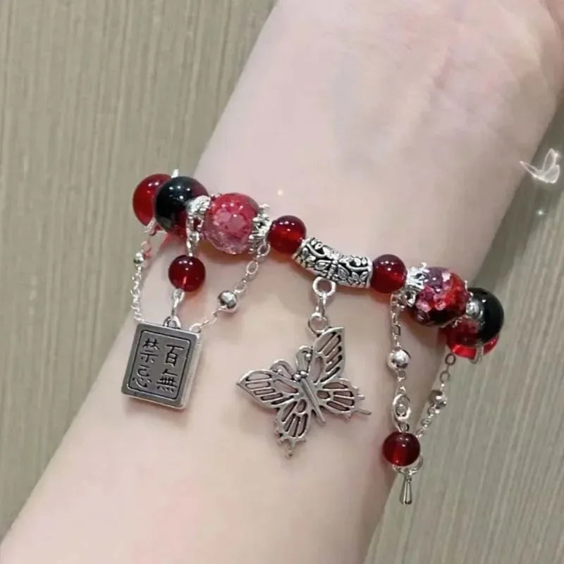 2024 New Trendy Red Beaded Chain Bracelet for Women Simple Hollow Butterfly Pendant Bracelets Jewelry Gifts Accessories Sweet T 52