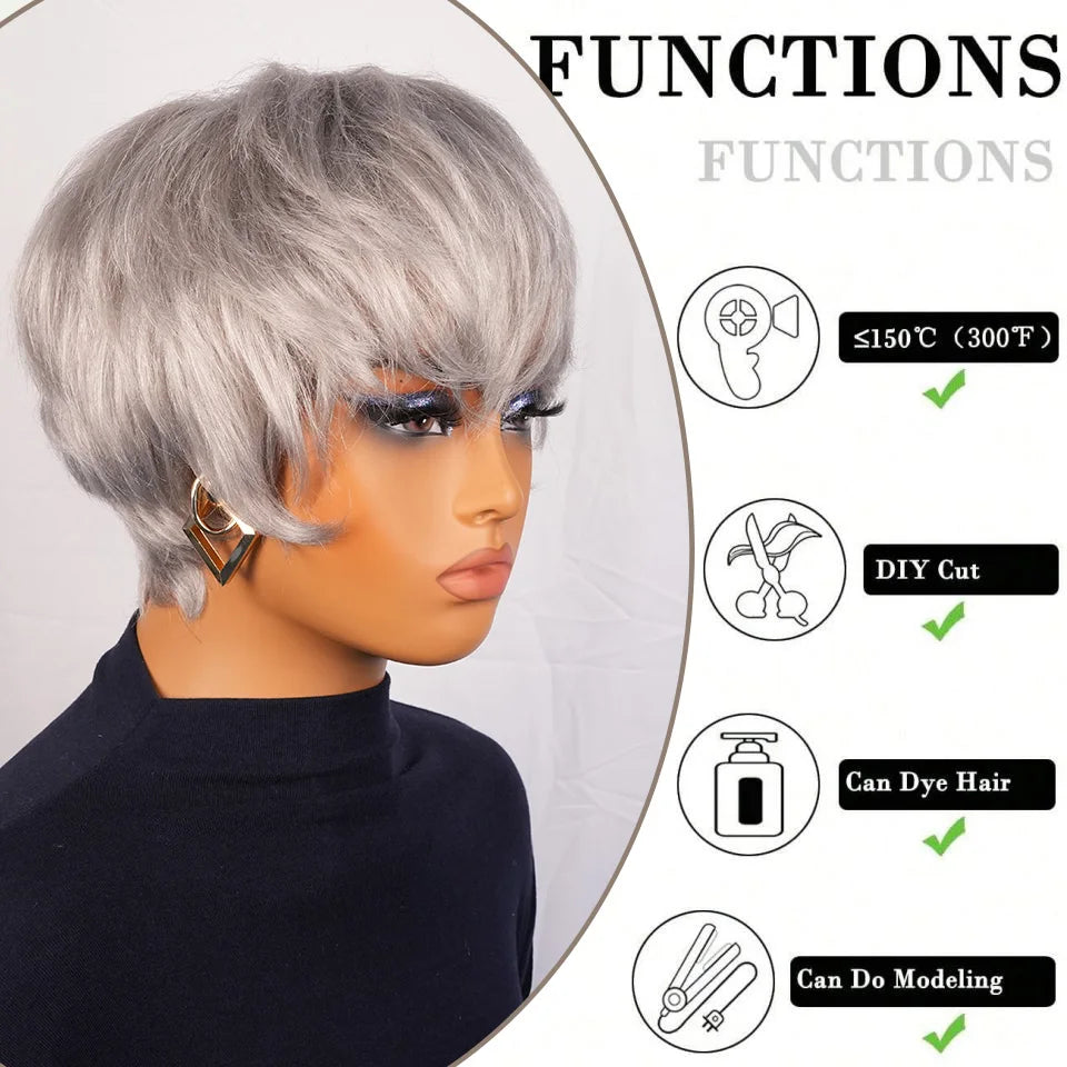 Silvery grey Human Hair Wigs With Bangs - Sliver Grey Straight Pixie Cut Wig for Women