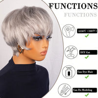 Silvery grey Human Hair Wigs With Bangs - Sliver Grey Straight Pixie Cut Wig for Women
