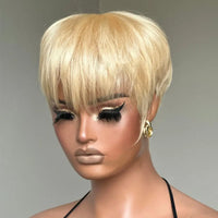 Blond Pixie Cut Wig  - Human Hair Wig for Women. 613 Bob Wig, Short, with Bangs, Straight - Full Machine Made Wig