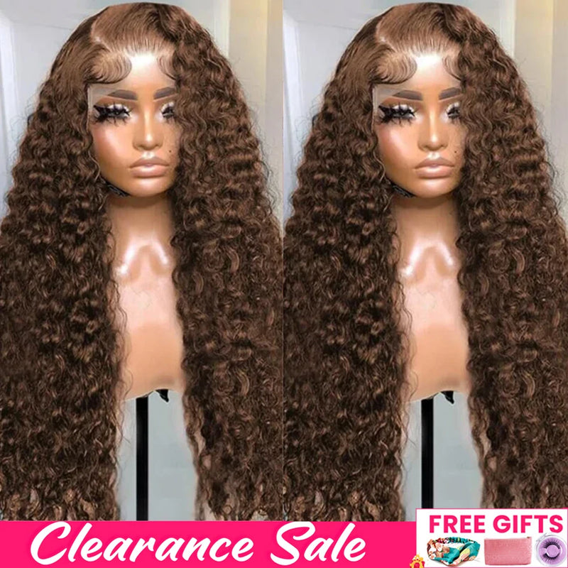 13x4/13x6  Chocolate Brown, Deep Wave, Lace Front Wigs. HD Transparent Lace Front Wigs, Curly Human Hair Wigs