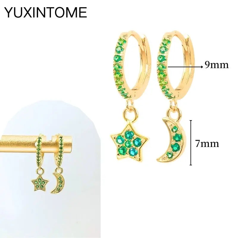 925 Silver Needle Star Hoop Earrings for Women - Five-pointed Star and Moon Pendant Huggie Earrings