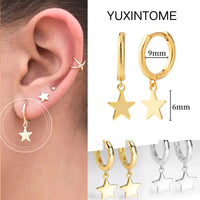 925 Silver Needle Star Hoop Earrings for Women - Five-pointed Star and Moon Pendant Huggie Earrings