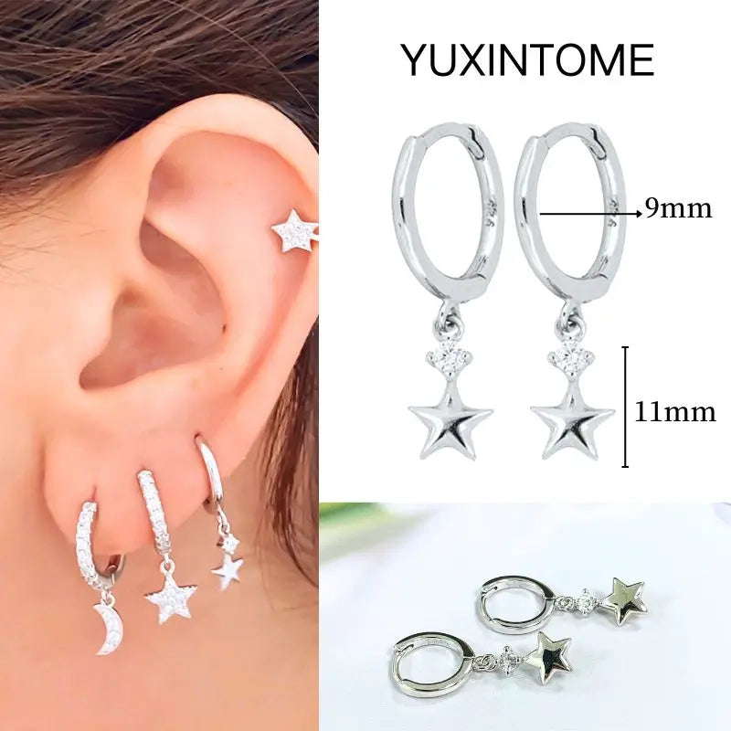 925 Silver Needle Star Hoop Earrings for Women - Five-pointed Star and Moon Pendant Huggie Earrings