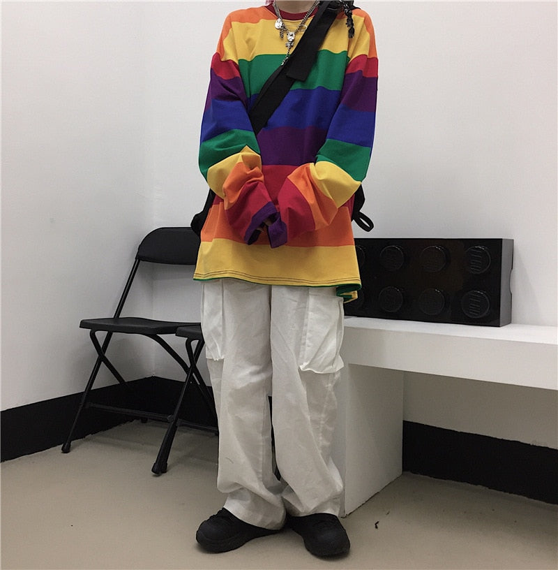 Rainbow Striped Oversized T-Shirt for Women and Girls With Long Sleeves and O-Neck
