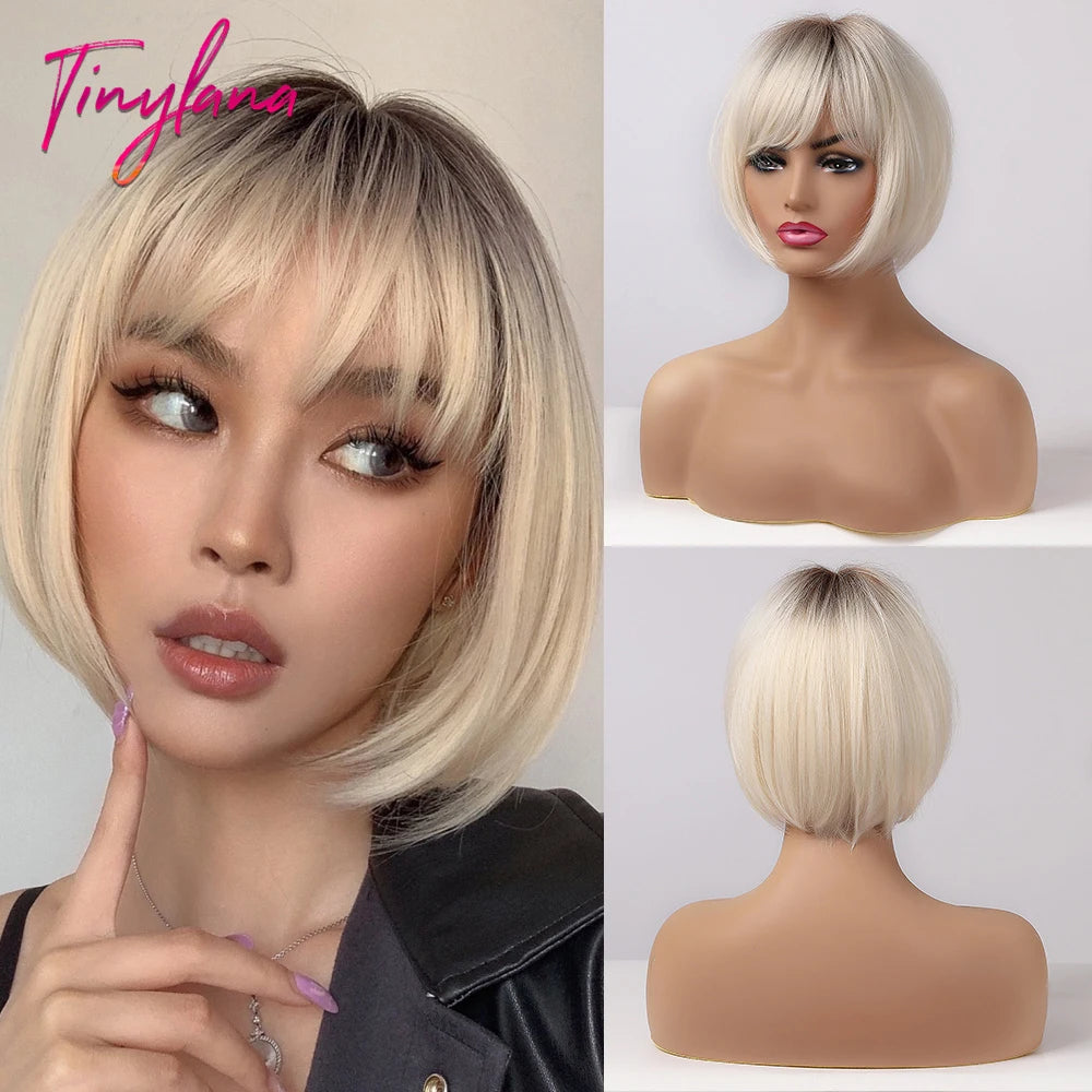 Short Straight Synthetic Wigs for Women with Bangs - Short Straight Bob Hair Wigs