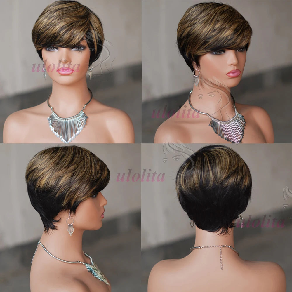 Short Human Hair Wigs - Full Machine Made Wigs, Straight, Highlights, Pixie Cut Wigs with bangs, Human Hair, for Women