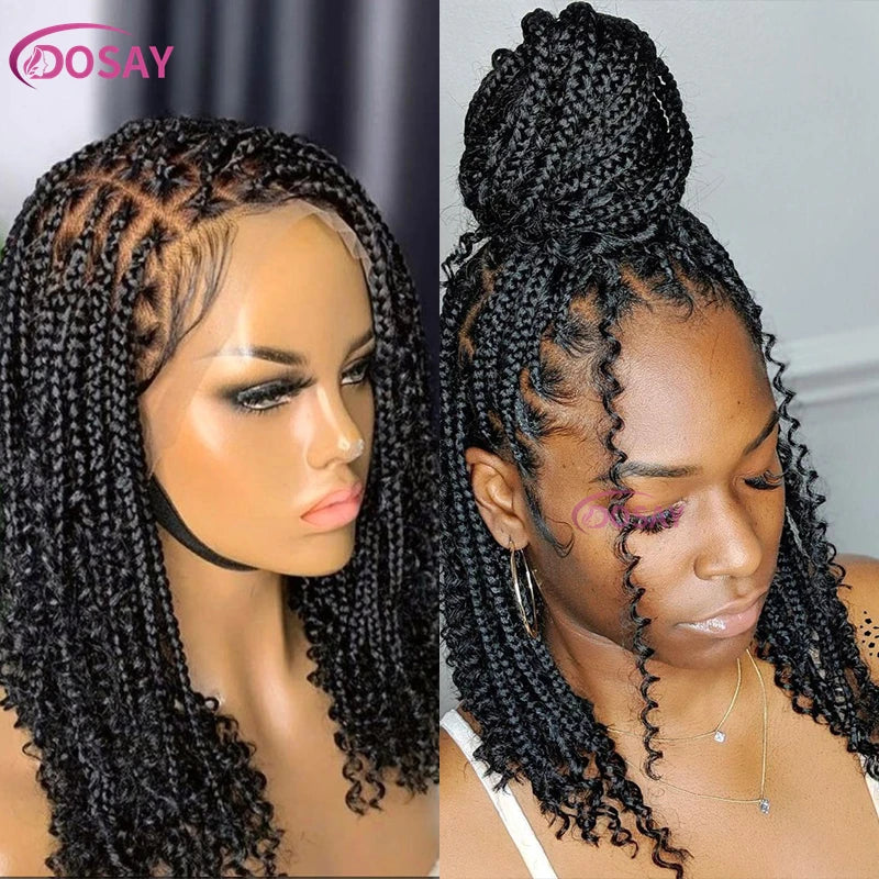 Synthetic Curly Wigs for Women, Short Bob, 360 Full Lace Braided Wigs, 12 Inch Boho Knotless Braided Wigs, Pre-Plucked Baby Hair