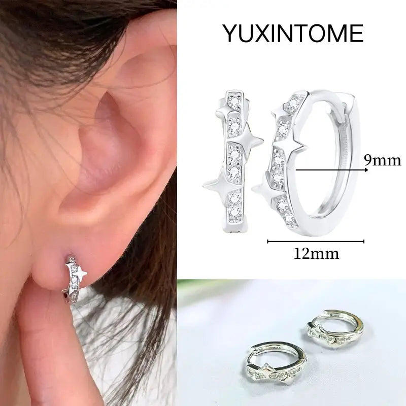 925 Silver Needle Star Hoop Earrings for Women - Five-pointed Star and Moon Pendant Huggie Earrings