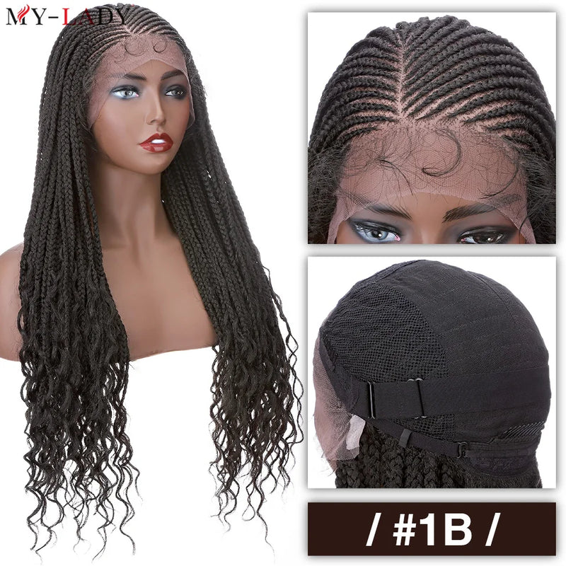 28 Inch Synthetic Braided Wigs, Cornrow Lace Front Wigs, Curly Ends for Women with Baby Hair