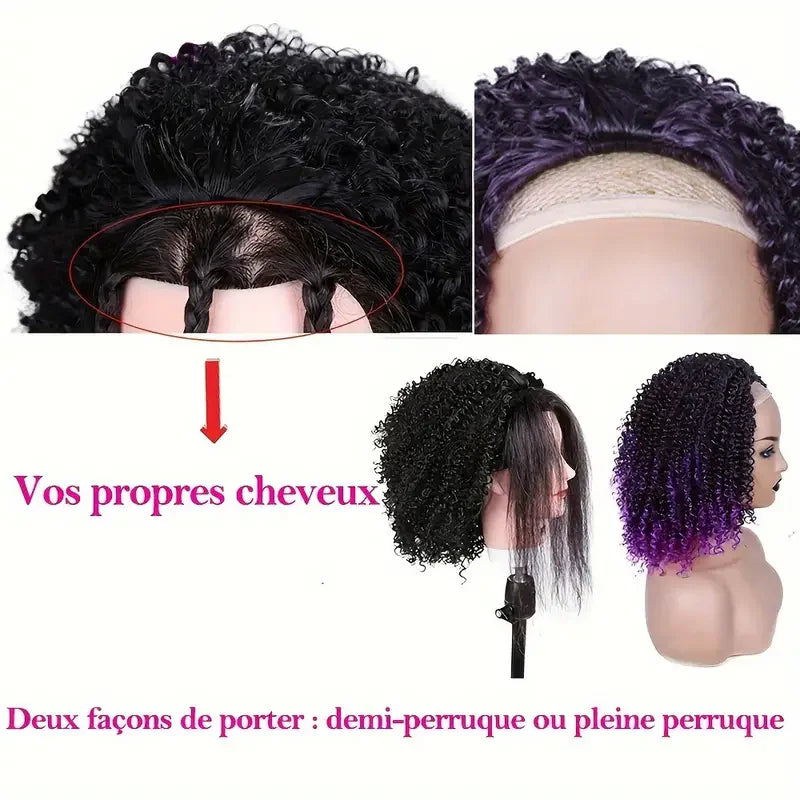 3/4 - Half Wigs, Short Synthetic Afro Curly Wigs, Purple Wigs for Women & Girls , Kinky Curly Bob