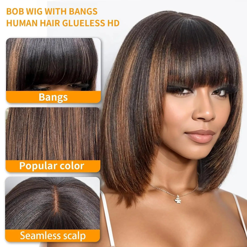 12 Inch 1b/30 Highlight 2x1 Glueless Wigs With Bangs 250 Density Straight Human Hair Short Bob Wig Brazilian Raw Hair For Women Sweet T 52