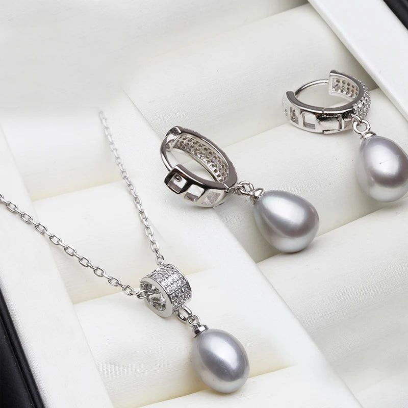 Genuine Natural Pearl Necklace And Earring Set for Women - Trendy 925 Silver Pearl Jewelry Set for Annniversary or Gift in 5 Colors