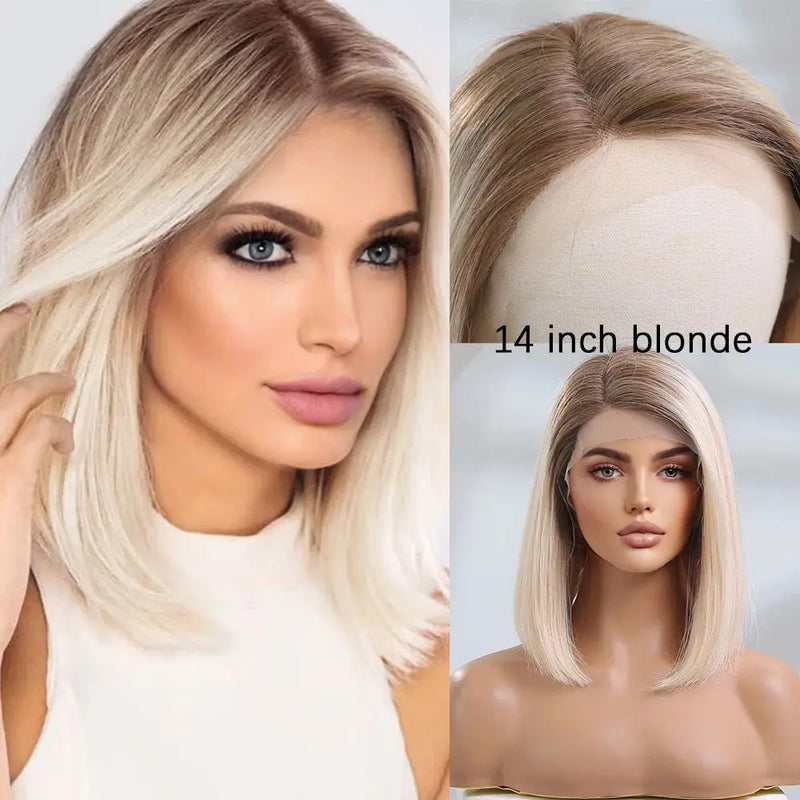 Human Hair 13x1 Lace Front Wig for Women & Girls, Shoulder Length Bob {Straight} with Highlights - Heat Resistant