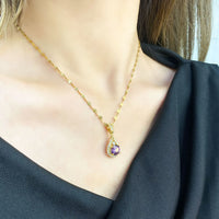 Romantic Vintage Teardrop Necklace for Women, Round Purple Stone Halo Setting - Gold Plated Pendant Necklace