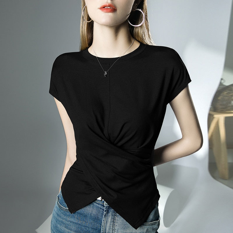 Elegant Short Sleeve 3 Season Tee Shirt, Round Neck in Cotton/Polyester/Spandex, Cross Pleat Design for Women and Girls