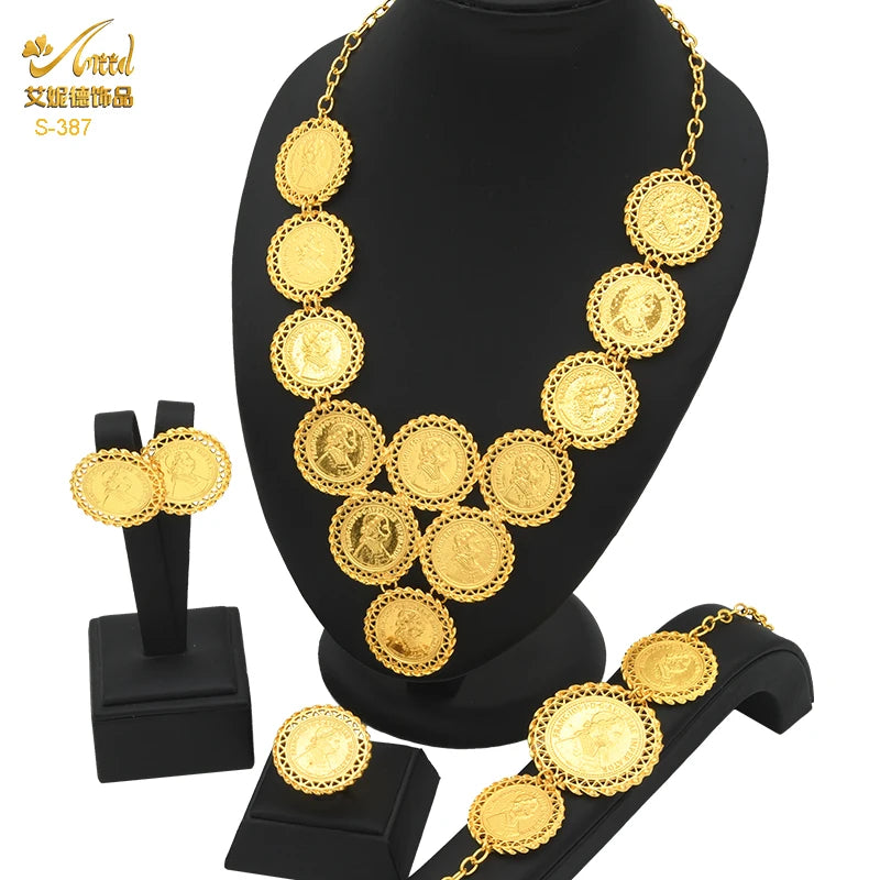 ANIID Ethiopian 24K Gold Color Coins Jewelry Set African Hawaiian Luxury Necklace Bracelet Pendant Set Dubai Wedding Gifts Sweet T 52
