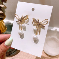 Elegant Bowknot Imitation Pearl Earrings/Rhinestone Shiny Earrings for Women. Fashion Jewelry