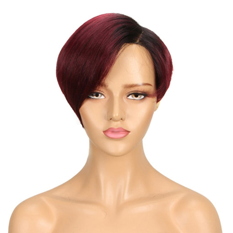 Lace Pixie Part Human Hair Short Straight Bob With Bangs - Brazilian Remy Wigs, Natural, Glueless Ombre Colors for Women and Girls