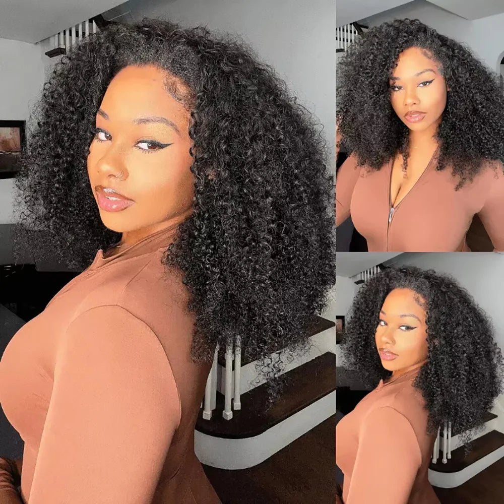 3 In 1 Human Hair Half Wig - Drawstring/Clip In, Kinky Curly Headband Wig for Women