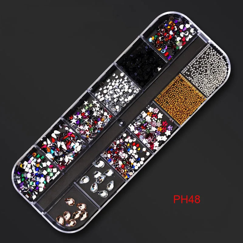 12Gird Box Multi Size AB/Colorful Non-Hotfix Rhinestones Flatback Crystal Diamond Gems 3D Glitter Nail Art Luxurious Decorations SWEET T 52