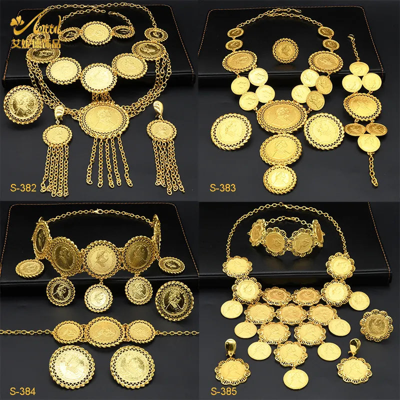 African Coin Necklace Jewelry Set For Women & Girls - Dubai Nigerian Fashion, Choker Necklace, Bracelet, Earrings & Ring