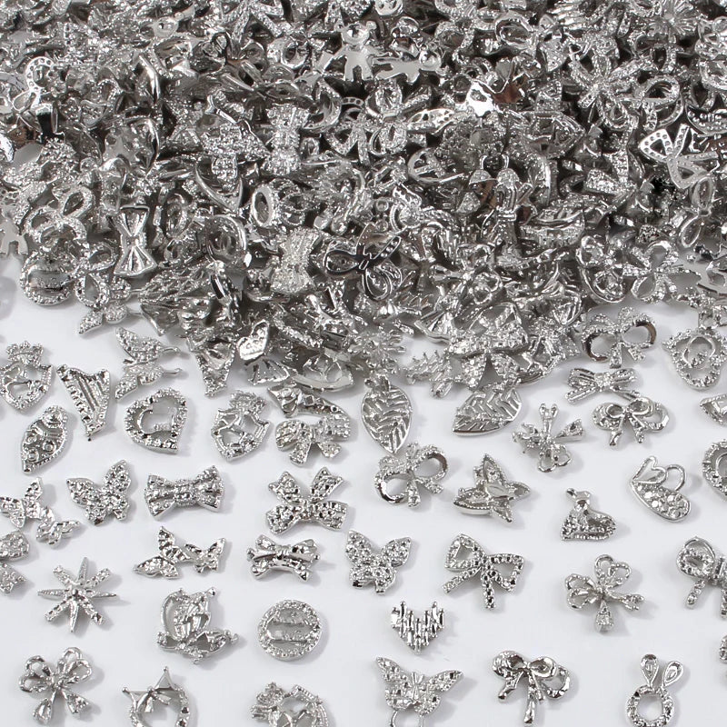 50Pcs 3D Silver Bowknot/Crown Metal Nail Charms With Tassel Pendant - Butterfly Nail Art Decorations, Mixed Shiny Manicure Supplies