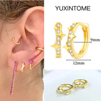 925 Silver Needle Star Hoop Earrings for Women - Five-pointed Star and Moon Pendant Huggie Earrings