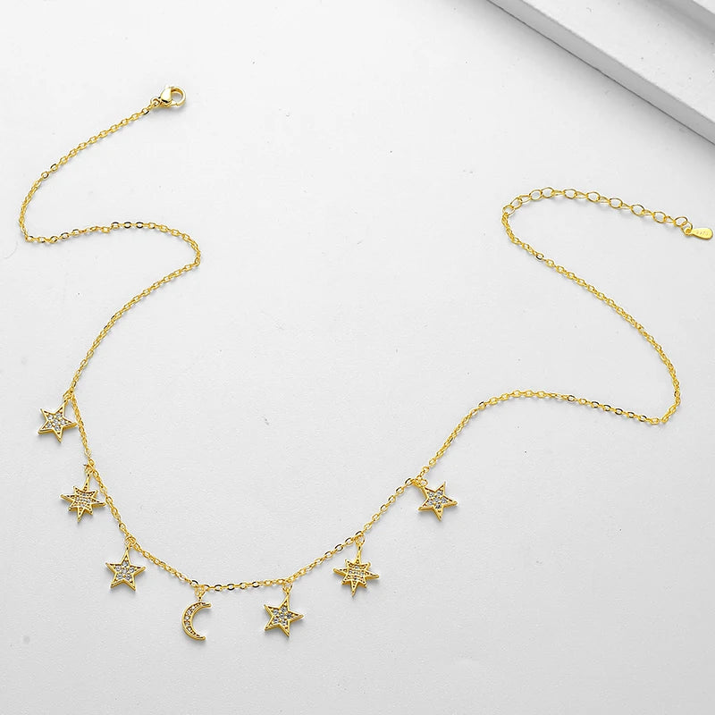Moon/Star Tassel Zircon Necklace for Women. Choker Personality Fashion Jewelry for Casual Wear.