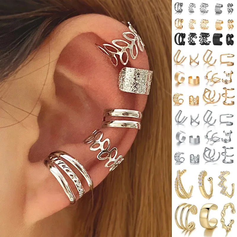 KOTiK 2024 New Gold Silver Color Leaves Clip Earrings for Women Fashion Ear Cuff Non-Piercing Earrings Set Trend Jewelry Gift Sweet T 52