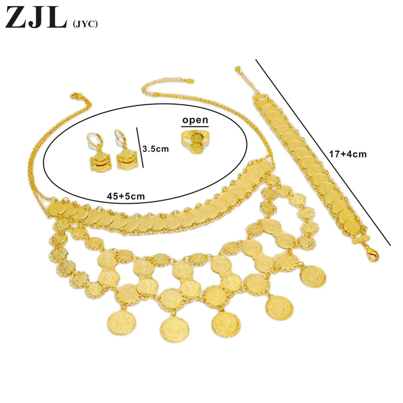 Stunning Middle Eastern 18K/24K Gold Plated Coin Jewelry Set -Tassel Necklace, Bracelet, Earrings, and Ring for Women