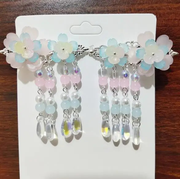 2pcs/set Chinese Style Pink Blue Flower Pearls, Long Tassel Hairpins, Clips, Headpieces for Kids.-hair accessories-SWEET T 52