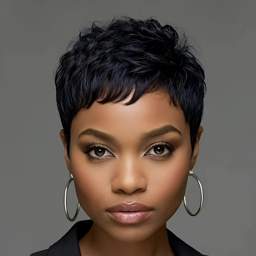 4 Inch Pixie Cut Curly Wave Human Hair Wig for Women, 150% Density                                                            Full Machine Made Wig for Daily Wear
