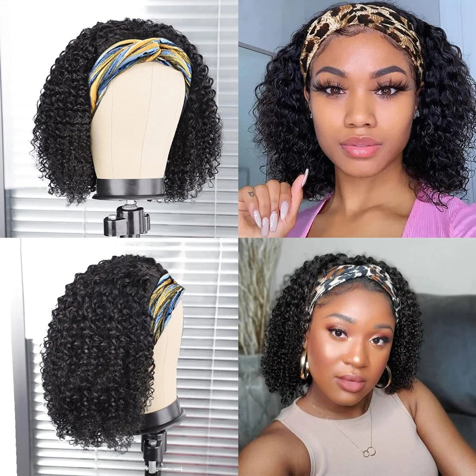Kinky Curly Headband Wig. Human Hair Curly Bob Wig for Women. Full Machine Made Wig, Natural Black Hair