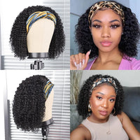 Kinky Curly Headband Wig. Human Hair Curly Bob Wig for Women. Full Machine Made Wig, Natural Black Hair