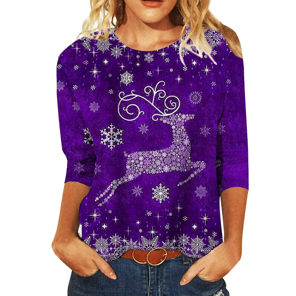 Christmas Limited Edition Women's 3D Red Snowflake Print Round Neck Long Sleeve T-shirt Fashion Casual Long Sleeve Top