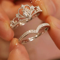 Crystal Crown Ring Set, 2 Pieces, Stainless Steel