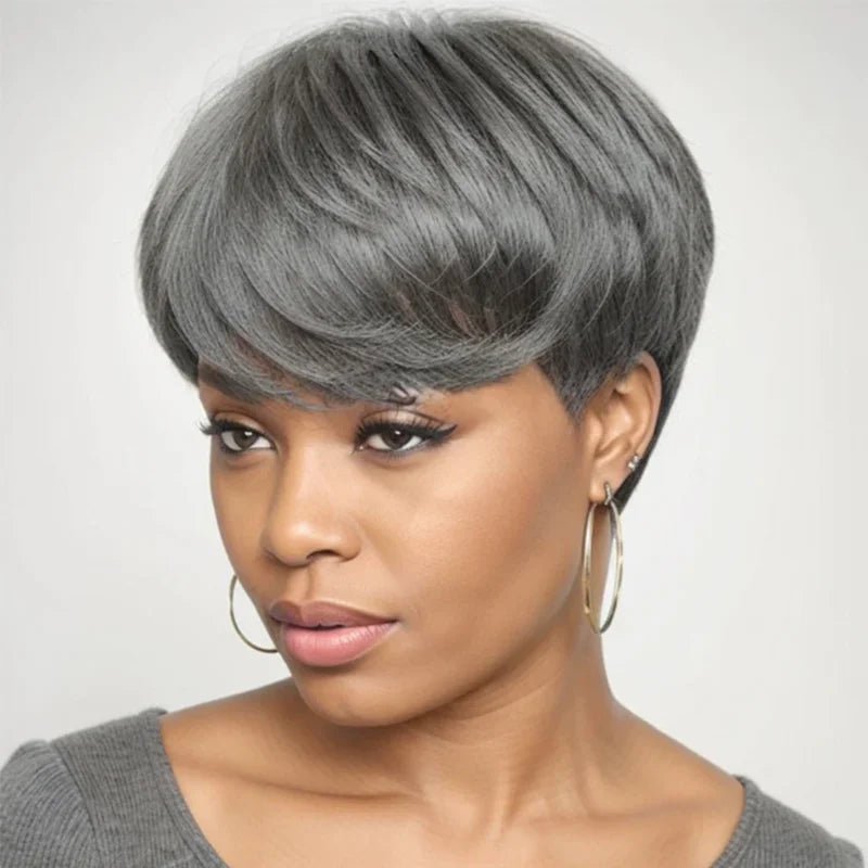 Salt & Pepper Layered Pixie Cut Short Wig With Bangs, Full Machine, No Lace Bob Wigs For Women