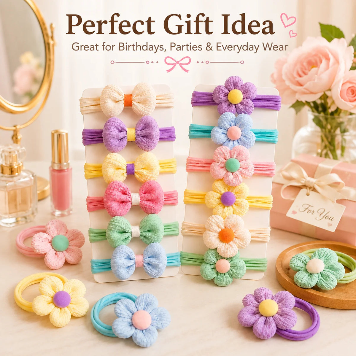 Flower Bow Hair Ties for Girls, 12 Pack