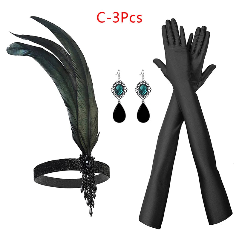 1set 1920's Cosplay Flapper Halloween Charleston Costume 1920s Gatsby Accessories Black Headpiece Great Gatsby Feather Headband Sweet T 52