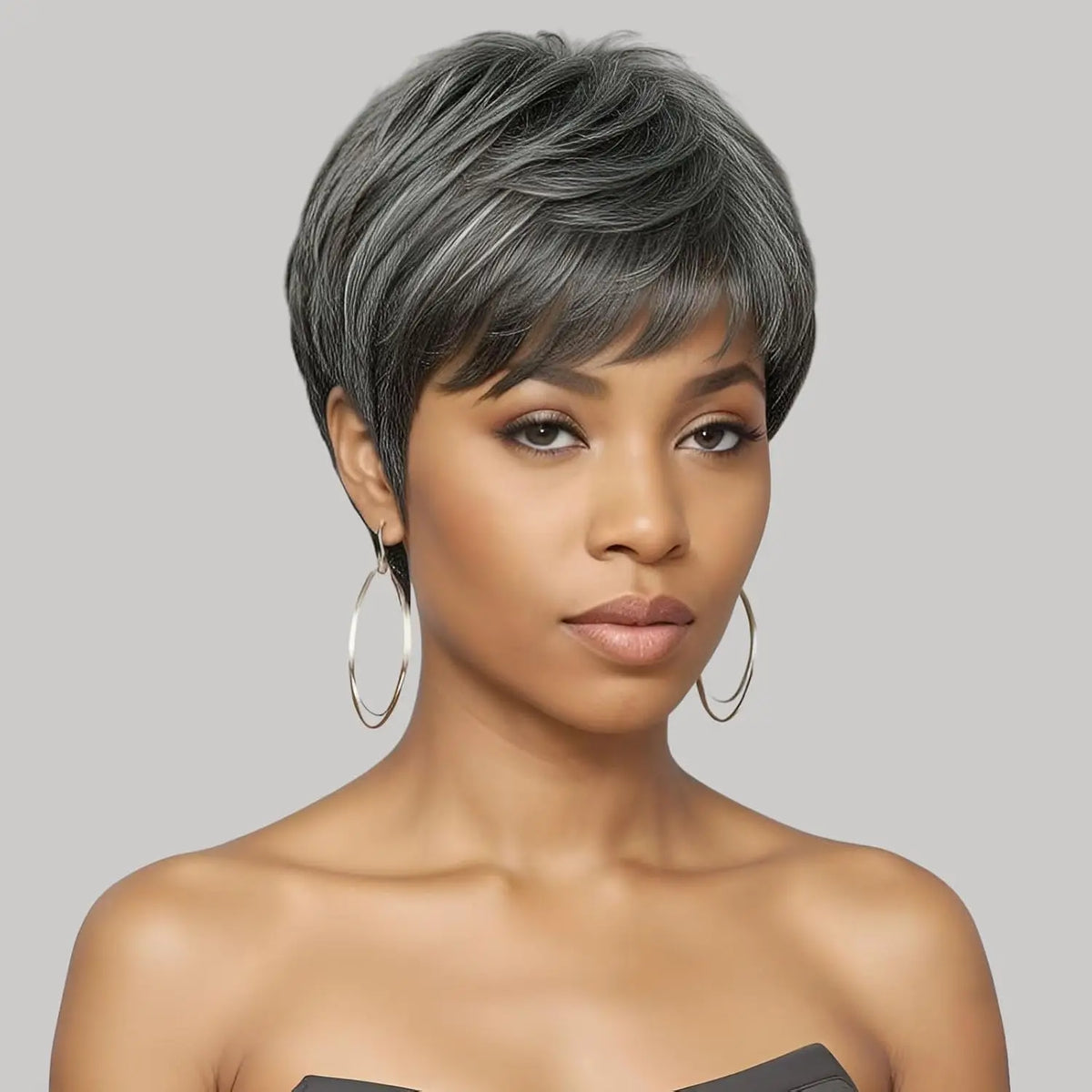 Ombre Grey Short Pixie Cut Wig with Bangs Salt and Pepper Human Hair Wig Pre Plucked Glueless Gray Bob Wig Full Machine Made Sweet T 52