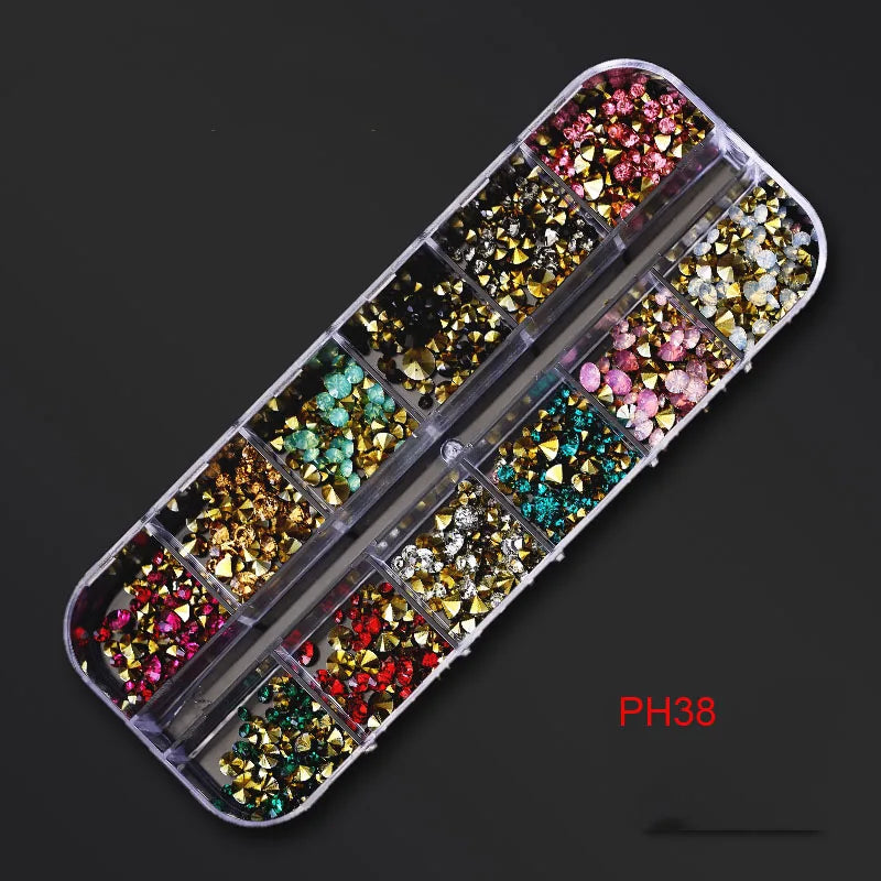 12Gird Box Multi Size AB/Colorful Non-Hotfix Rhinestones Flatback Crystal Diamond Gems 3D Glitter Nail Art Luxurious Decorations SWEET T 52