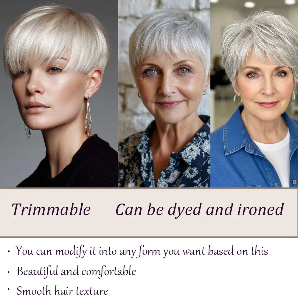 Silvery grey Human Hair Wigs With Bangs - Sliver Grey Straight Pixie Cut Wig for Women