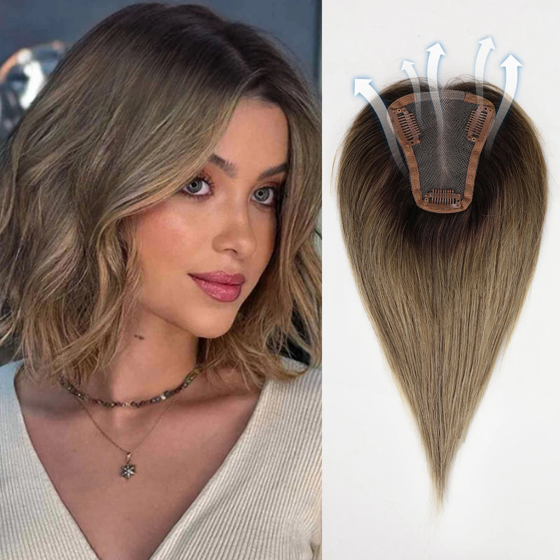 Hair Toppers - Blonde Brown Ombre, 100% Remy Human Hair Topper/HairPieces for Women & Girls, 12 Inches