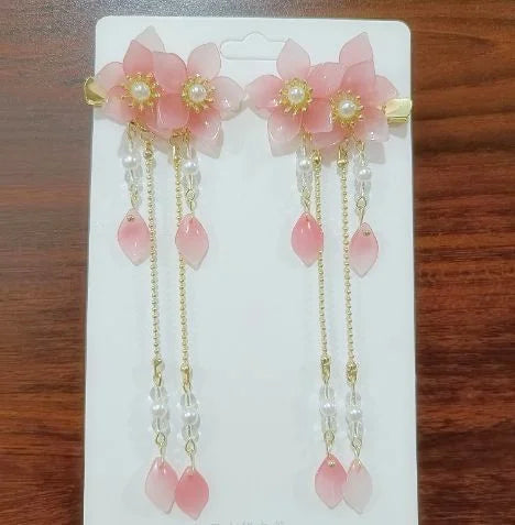 2pcs/set Chinese Style Pink Blue Flower Pearls, Long Tassel Hairpins, Clips, Headpieces for Kids.