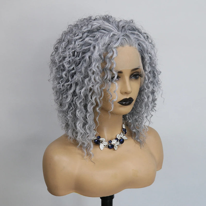 Salt & Pepper Grey Synthetic Lace Front Wig - 180 Density, Kinky Curly Short Bob for Women