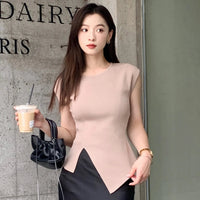 Viscose High Stretch Crew Neck, Slim Fit, Ribbed Women's Top. Asymmetrical Hem, Chic T-Shirt for Office - Casual Knit Blouse Sweet T 52