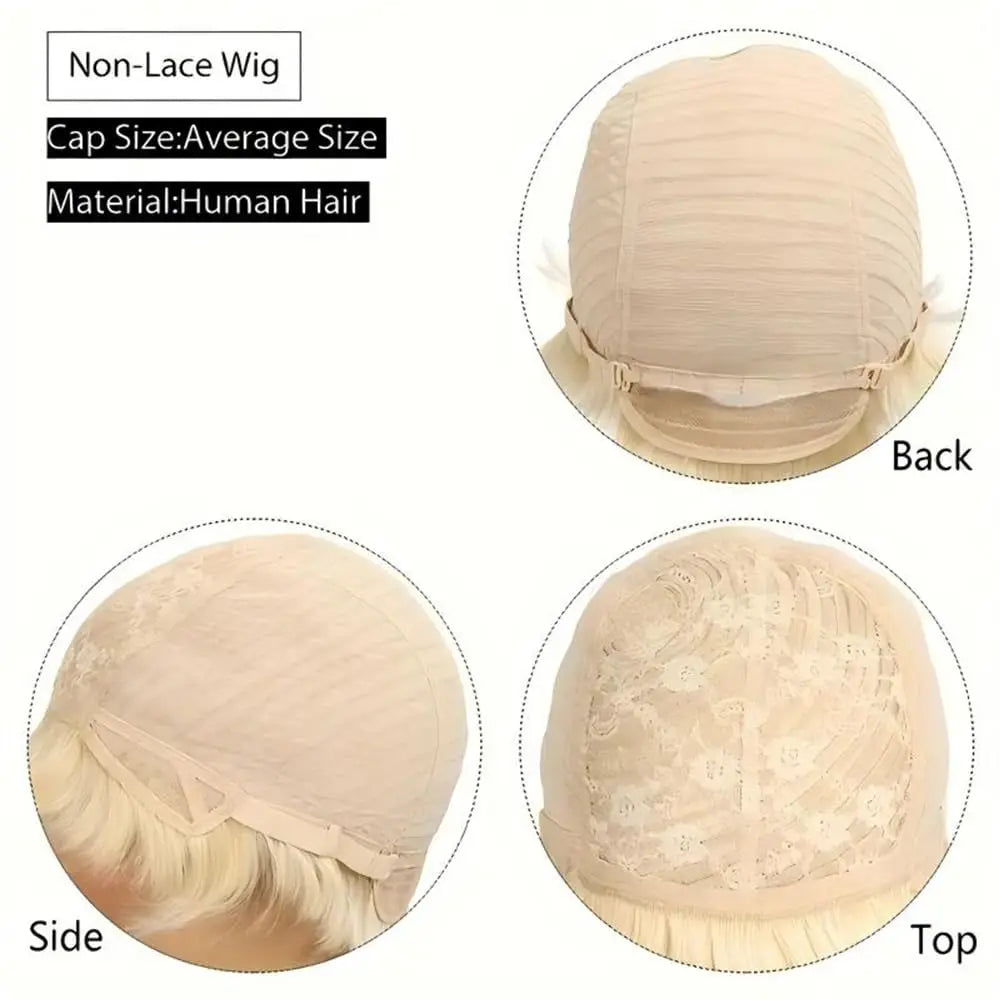 Blond Pixie Cut Wig  - Human Hair Wig for Women. 613 Bob Wig, Short, with Bangs, Straight - Full Machine Made Wig