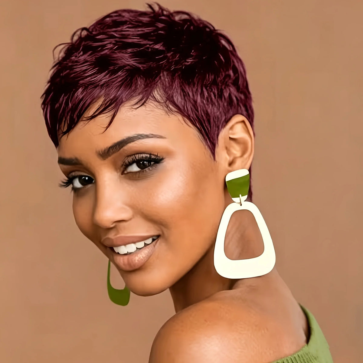Brown/Black/Burgundy Pixie Cut Wigs, Short Straight Layered Human Hair Wigs for Women