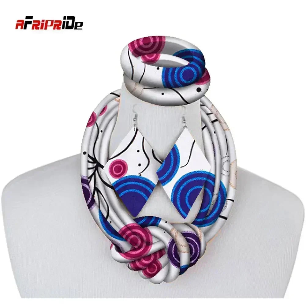 3 Pieces African Necklace - Print Wax Ankara Fabric Set, Side Knot Necklace, Bracelet and Earrings